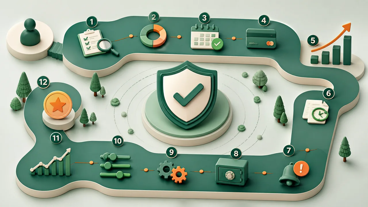 infografikas su veiksmų planu kaip pagerinti kredito istoriją per 12 mėnesių