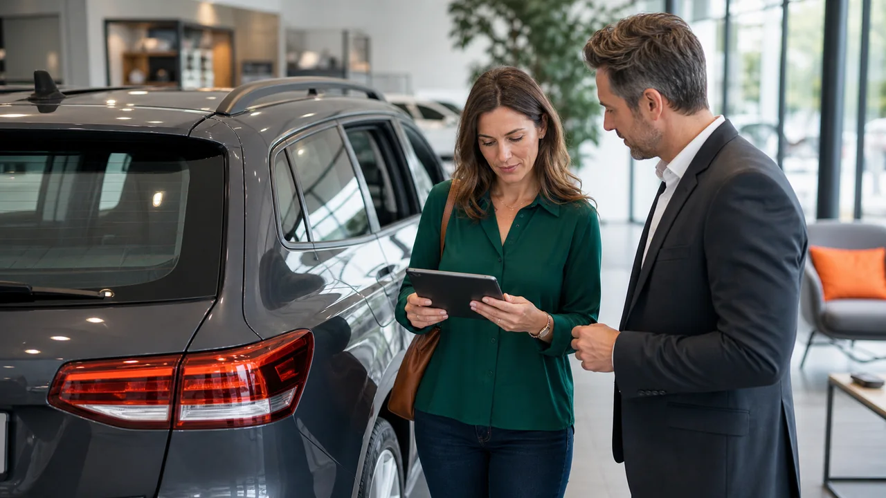 žmogus autosalone apžiūrinėja automobilį ir peržiūri finansavimo pasiūlymą planšetėje