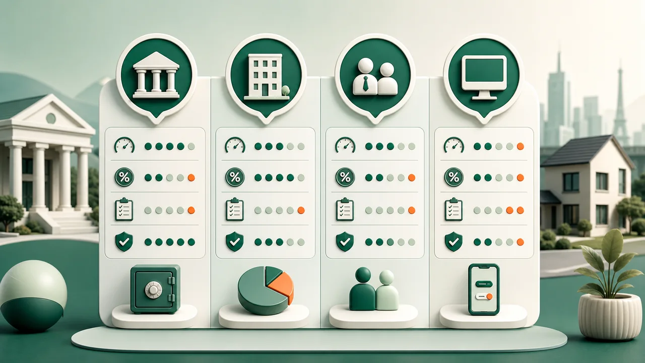 keturių kredito davėjų tipų palyginimo infografika su piktogramomis