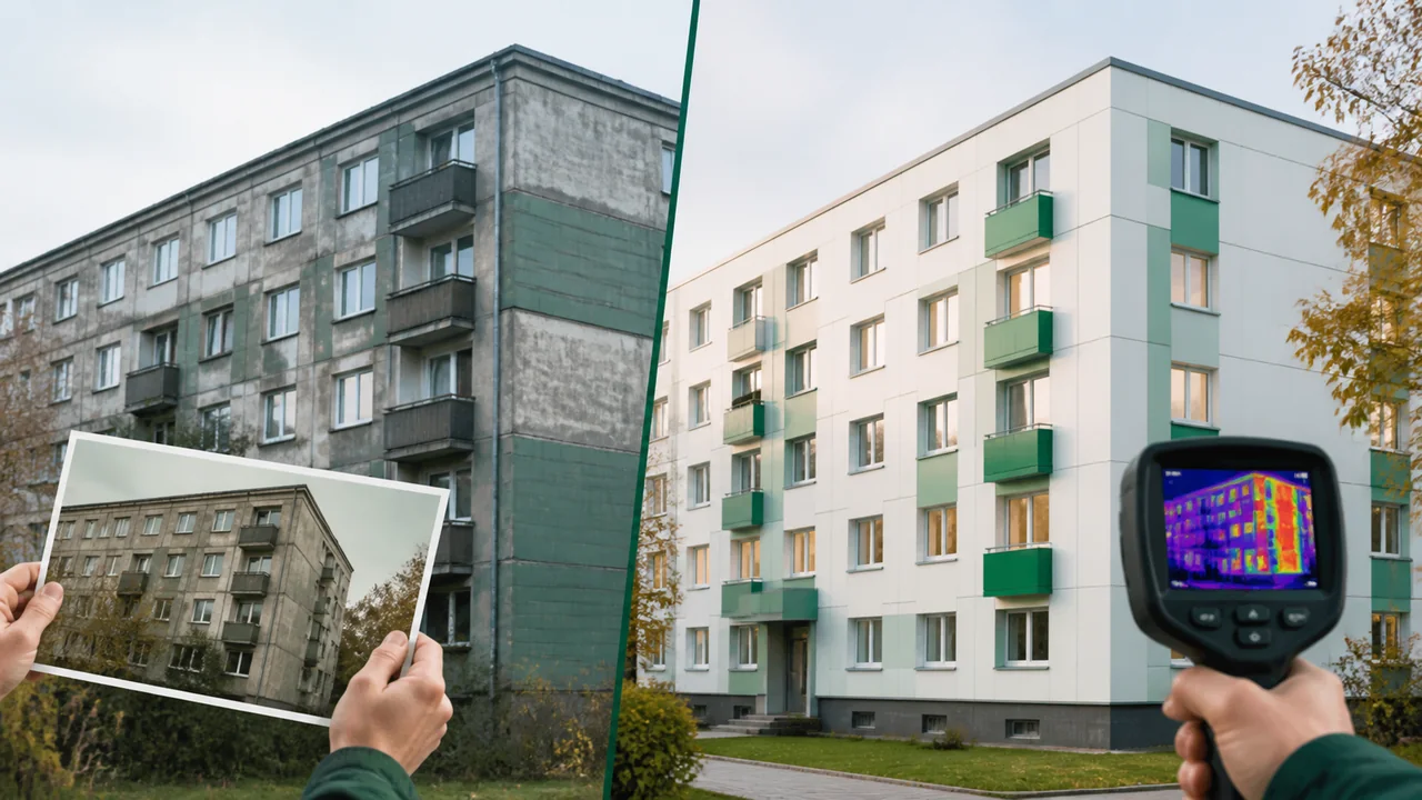 daugiabučio namo prieš ir po renovacijos vaizdas su šiltinimu